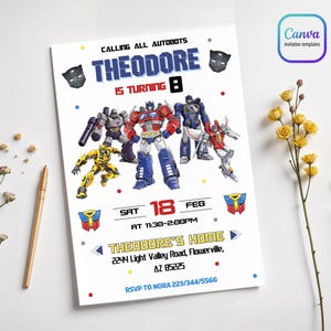 Peut inclure: Invitation blanche sur le thème des Transformers. L'invitation indique "Calling All Autobots" et "Theodore a 8 ans". Elle comprend la date, l'heure et le lieu de la fête. L'invitation présente des illustrations de personnages Transformers.