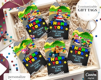 Mario Kart printable gift tags, birthday party thank you card, Editable Template, diy Super Mario Bros bday decorations,  party favors
