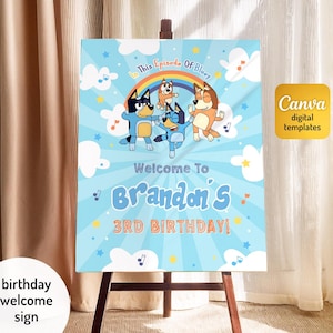 May include: A light blue birthday welcome sign featuring cartoon characters and the text "In This Episode Of Bluey". The sign says "Welcome To Brandon's 3RD BIRTHDAY!" with a rainbow and musical notes.