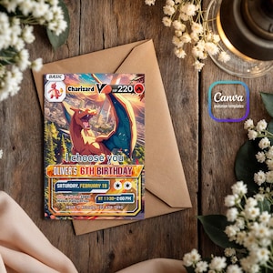 Op de afbeelding: Een Pok&eacute;mon-thema-verjaardagsuitnodiging met een cartoonafbeelding van Charizard, een vuur-Pok&eacute;mon. De uitnodiging is voor Oliver's 6e verjaardag, die op zaterdag 19 februari van 11:30 uur tot 14:00 uur zal worden gehouden. De uitnodiging bevat het adres en RSVP-informatie.