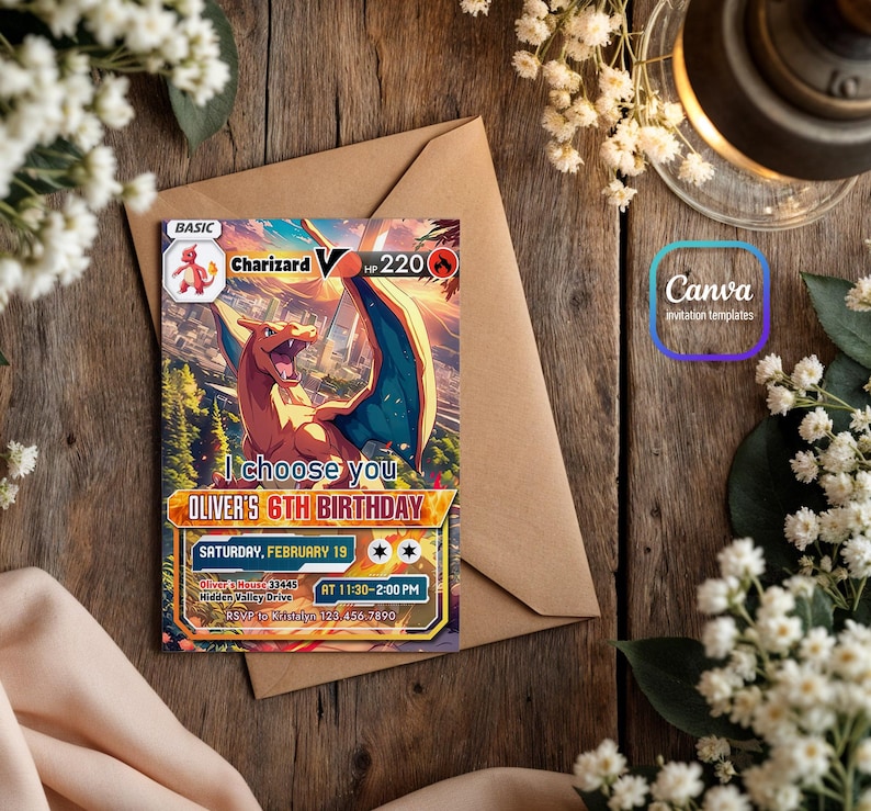 Op de afbeelding: Een Pok&eacute;mon-thema-verjaardagsuitnodiging met een cartoonafbeelding van Charizard, een vuur-Pok&eacute;mon. De uitnodiging is voor Oliver's 6e verjaardag, die op zaterdag 19 februari van 11:30 uur tot 14:00 uur zal worden gehouden. De uitnodiging bevat het adres en RSVP-informatie.