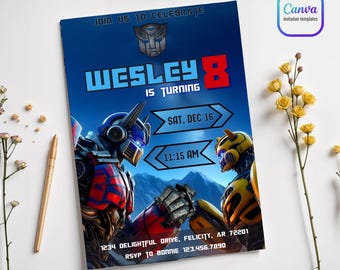 May include: A blue and red Transformers birthday invitation with a picture of Optimus Prime and Bumblebee. The invitation says "Join us to celebrate Wesley is turning 8. Sat, Dec 16, 11:15 AM. 1234 Delightful Drive, Felicity, AR 72201. RSVP to Bonnie 123.456.7890"