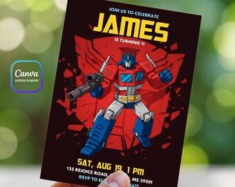 May include: A birthday invitation featuring a red, white, and blue cartoon robot character holding a gun. The invitation reads "JAMES IS TURNING 11" in yellow text. Additional text includes the date, time, and location.
