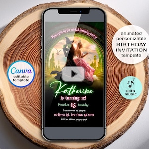 Op de afbeelding: Een smartphone toont een gepersonaliseerde verjaardagsuitnodiging. De uitnodiging toont een scène uit een fantasyfilm, met de tekst "Katherine wordt 12!" en evenementdetails. Inclusief Canva- en muziekopties.