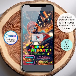 Mario Kart mobile invitation, birthday invite boy, Super Mario Bros invitation, switch Game mobile personalizable invite template