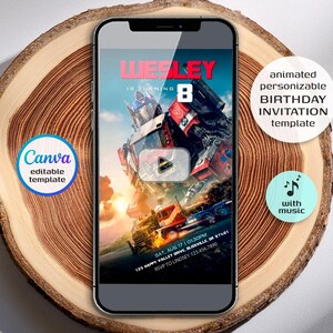 May include: A smartphone displays a birthday invitation template featuring a red and blue robot design. The invitation includes the name "Wesley" and the number "8". Additional text includes "animated, customizable, birthday invitation template" and "with music."