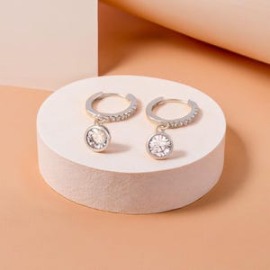 Minimalist Silver Hoops with CZ Charm | Dainty Cartilage Cuff Earrings | Cute Drop Earrings for Women