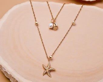 Layered Starfish Necklace – Boho Shell Pendant, Stainless Steel,  Jewellery for Women and Girls, Stylish Necklace