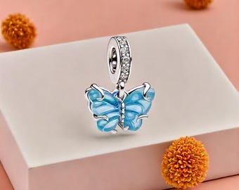 Blue Butterfly Dangle Charm Murano Glass Brand New Rhinestone Charm A Sparkling Gift for Your Daughter's Special Celebrations