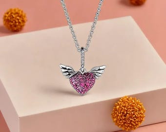 Heart Angel Wings Necklace  Silver Handcrafted Wings Pendant with Pink Stones  45cm Adjustable Chain Celebrating Freedom Necklace Women