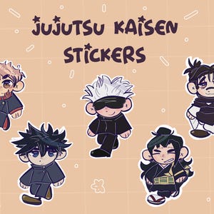 May include: Five colorful cartoon stickers featuring characters from the anime Jujutsu Kaisen. The stickers feature characters with different hairstyles and clothing, including a character with a black blindfold.