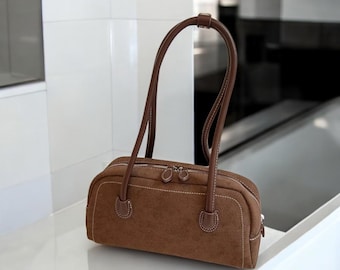 Faux Suede Shoulder Bag - Multi-Pocket Crossbody Purse