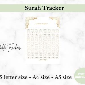 May include: Printable Quran tracker with a gold and white design. The tracker has a grid of 110 circles with numbers and text in each circle. The text includes the word "Quran Tracker" and the numbers 1-114.