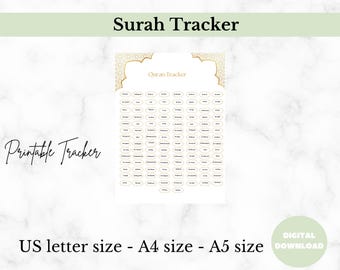 Elegant Quran Tracker – Keep Track of Your Surah Progress, – Digital Download with 3 Sizes (A4, A5, US Letter)