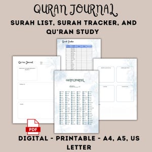 Peut inclure: Un journal du Coran imprimable avec un fond aquarelle bleu et blanc. Le journal comprend une liste de sourates, un suivi des sourates et un espace pour les notes d'étude du Coran. Le texte "Quran Journal" est écrit dans une police décorative.