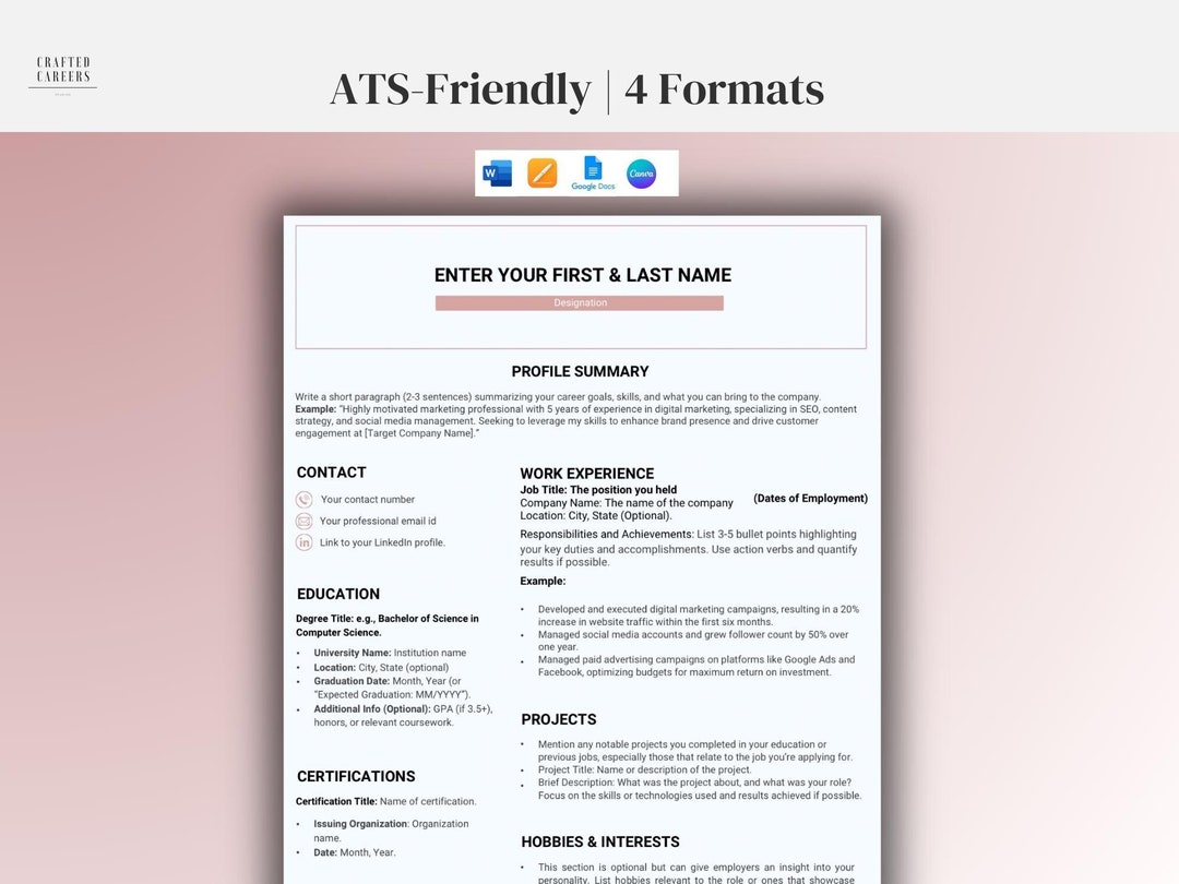 ATS Friendly Resume Template for Microsoft Word and Google Docs, Cover ...