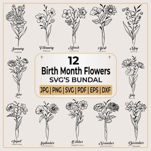 Birth Month Flowers svg | jpg, png, dxf | Birth Month Flower Bouquet svg | Wildflower Bouquet | Birthday Flower svg