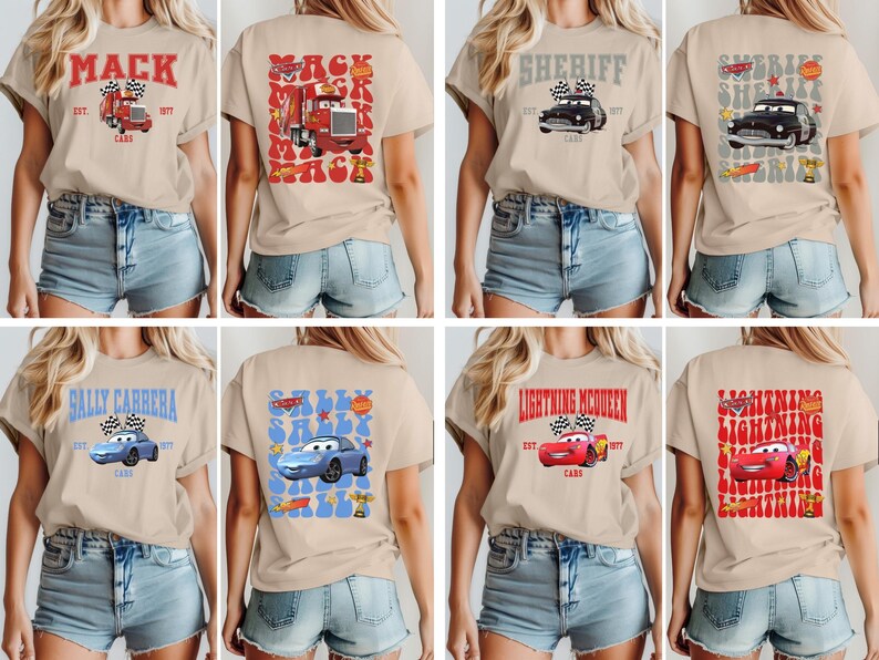 May include: Tan t-shirts with various Cars movie character designs. The designs include Mack, Sheriff, Sally Carrera, and Lightning McQueen, each with text and car illustrations. The shirts are short-sleeved.