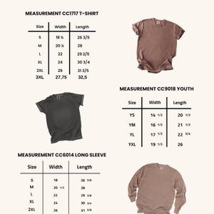 May include: The image shows size charts for t-shirts and long-sleeved shirts. The charts provide measurements for width and length in inches. There are also images of the shirts in various colours, including brown and grey.