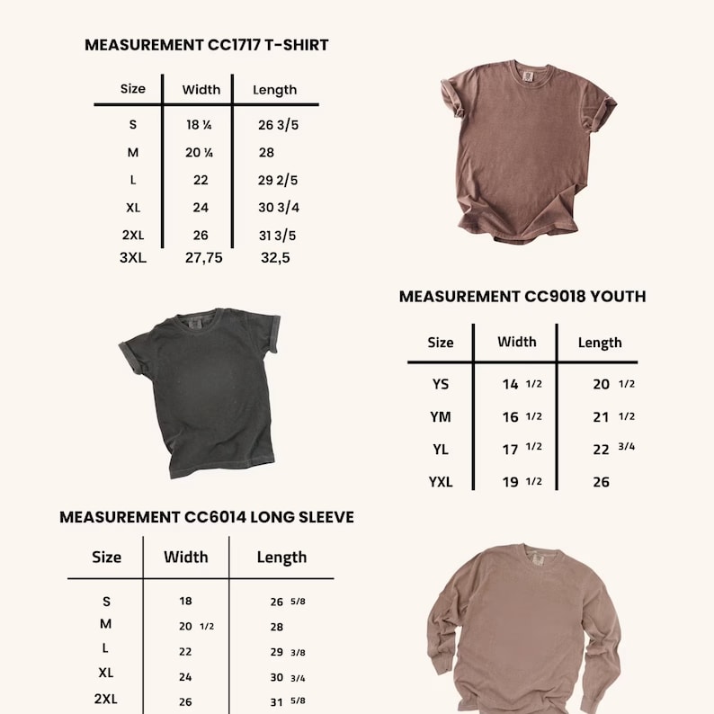 May include: The image shows size charts for t-shirts and long-sleeved shirts. The charts provide measurements for width and length in inches. There are also images of the shirts in various colours, including brown and grey.