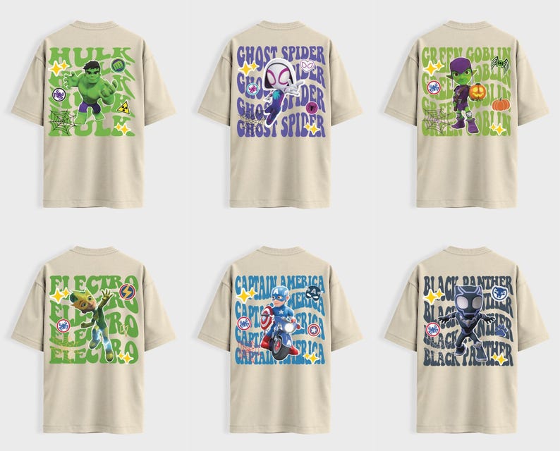 May include: Six beige t-shirts with superhero graphics. Designs include Hulk, Ghost Spider, Green Goblin, Electro, Captain America, and Black Panther. Each shirt features character names and imagery in vibrant colors.