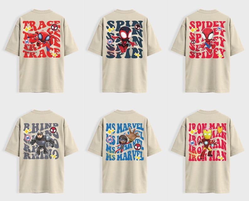 May include: Six beige t-shirts with Marvel character designs. The shirts feature characters like Spider-Man, Rhino, and Iron Man, with text overlays such as "TRACE", "SPIN", and "SPIDEY". Each design is colorful and cartoon-like.