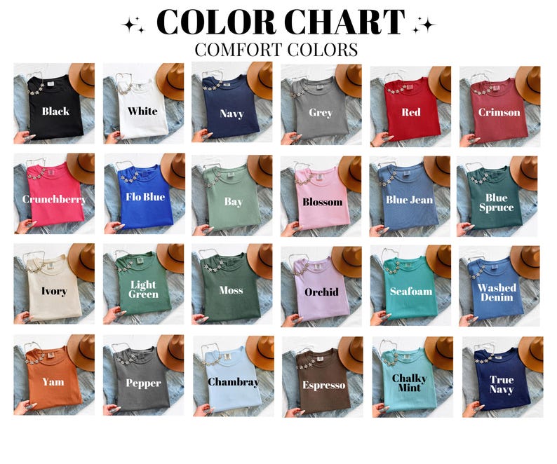 May include: A colour chart displaying Comfort Colors t-shirts in a range of shades, such as black, white, navy, and grey. Each shirt is presented with a decorative detail. The chart includes colours like red, crimson, and blue, with names like "Crunchberry" and "Espresso".