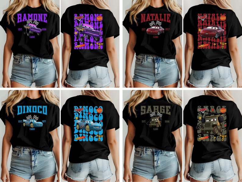 May include: Black t-shirts featuring various Cars movie characters, including Ramone, Natalie, Dinoco, and Sarge. Each shirt displays the character's name, a car graphic, and the word "Cars."