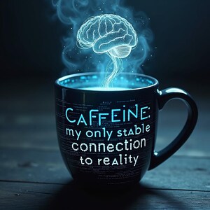 Op de afbeelding: Een zwarte koffiemok met de tekst "CAFFEINE: my only stable connection to reality" in het wit. Een gloeiende blauwe hersengrafiek zweeft boven de mok, met stoom die uit de koffie opstijgt. De mok staat op een donker houten oppervlak.
