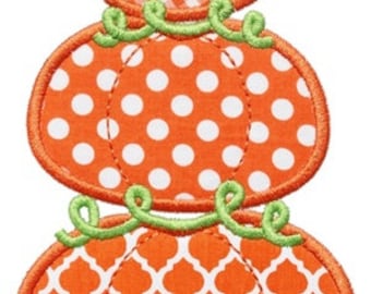 May include: A stack of three orange pumpkins with different patterns. The top pumpkin has a white and orange checkered pattern, the middle pumpkin has white polka dots, and the bottom pumpkin has a white trellis pattern. The pumpkins are all outlined in green.