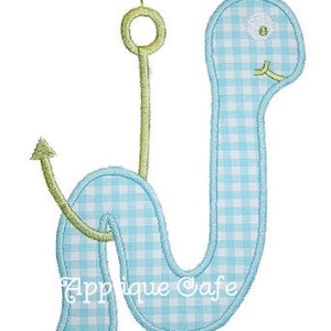 May include: A blue and white gingham worm with a green hook attached to a string. The worm has a white eye with a black pupil.