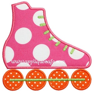 May include: Pink roller skate with white polka dots and green laces. The wheels are orange with white polka dots.