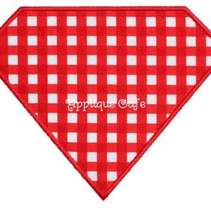 May include: Red and white gingham diamond-shaped applique with a white stitched border. The applique has the text "Applique Cafe" in the center.