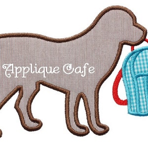 May include: Brown dog silhouette with a blue and white checkered backpack. The dog is carrying the backpack on its back. The text "Applique Cafe" is visible on the dog's body.