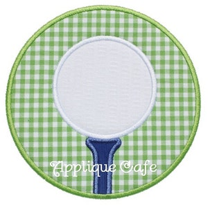 May include: A green and white gingham circle with a white golf ball and blue golf tee in the center. The text "Applique Cafe" is below the golf ball.
