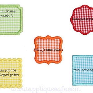 May include: Five different embroidery designs for a mini frame, mini petal, mini square, mini square scalloped, and mini frame patch. Each design features a gingham pattern in a different color.