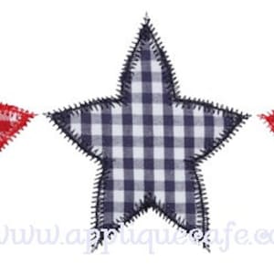 May include: Three fabric stars, one red and white gingham, one blue and white gingham, and one solid navy blue. The stars are all the same size and shape.