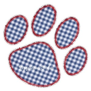 May include: A blue and white gingham paw print applique with red stitching. The applique is made of fabric and is perfect for adding a touch of whimsy to any project.