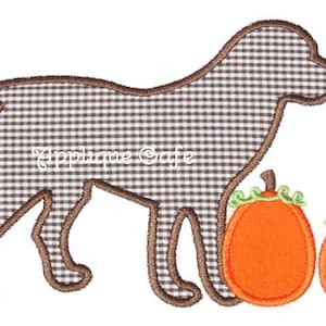 May include: Brown gingham dog silhouette with two pumpkins. The larger pumpkin is orange and the smaller pumpkin is orange with white polka dots.