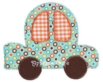 May include: A blue and brown felt applique of a car with white and orange checkered windows. The car has a polka dot pattern and brown wheels.