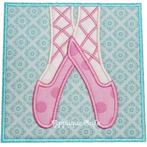 May include: Pink ballet shoes with white laces and pink polka dots on a light blue background with a white floral pattern. The text "Applique Cafe" is at the bottom of the image.