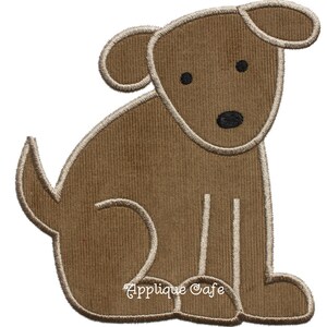 May include: Brown corduroy applique of a sitting dog with white stitching. The dog has black eyes and a black nose.