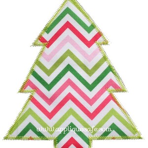 May include: A green, pink and red chevron patterned Christmas tree applique with a white background. The applique has a green stitched border. The text "www.appliquecafe.com" is printed on the tree.