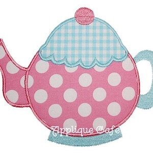 May include: A pink and white polka dot teapot with a blue and white gingham lid and a blue handle. The teapot has a scalloped edge and a blue base.