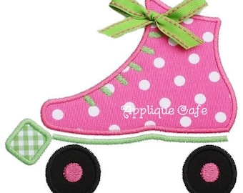 May include: Pink roller skate with white polka dots and a green bow. The skate has black wheels and a green base.