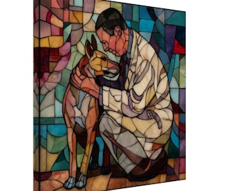 Unconditional Bond, Stained Glass Canvas Art of a Man and His Dog, Faux Stained Glass Artwork