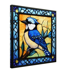 Serenata del arrendajo azul, lienzo de vitrales de un arrendajo azul, obra de arte de vitrales falsos