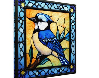 Serenata del arrendajo azul, lienzo de vitrales de un arrendajo azul, obra de arte de vitrales falsos