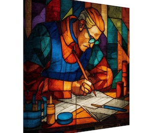 The Diligent Draftsman, Stained Glass Canvas Art of an Architect at Work, Faux Stained Glass Artwork