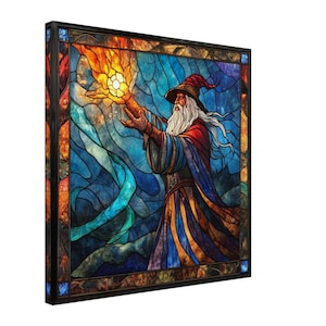 Enchanted Sorcerer, Stained Glass Canvas Art of a Wizard Casting a Spell, Faux Stained Glass Artwork
